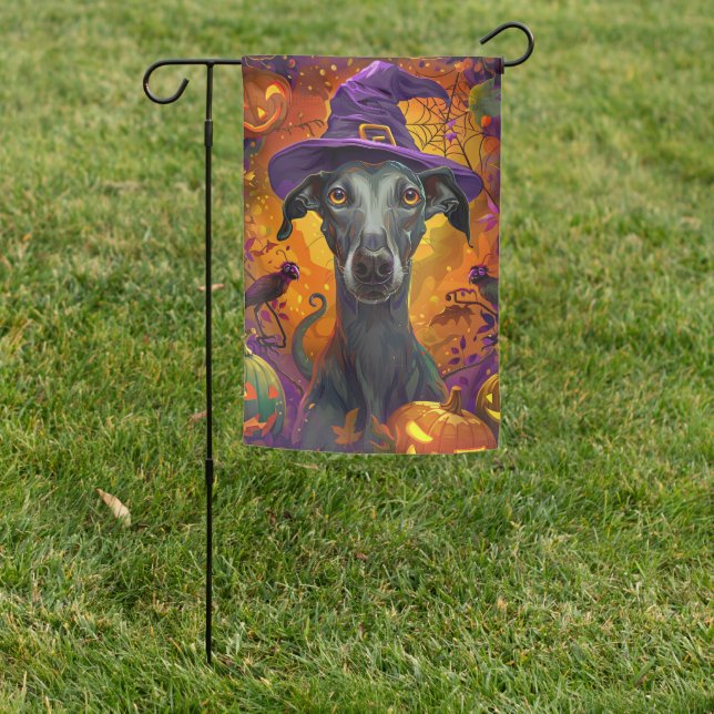 Spooky Greyhound Dog Halloween Witch And Pumpkin Garden Flag (In SItu)