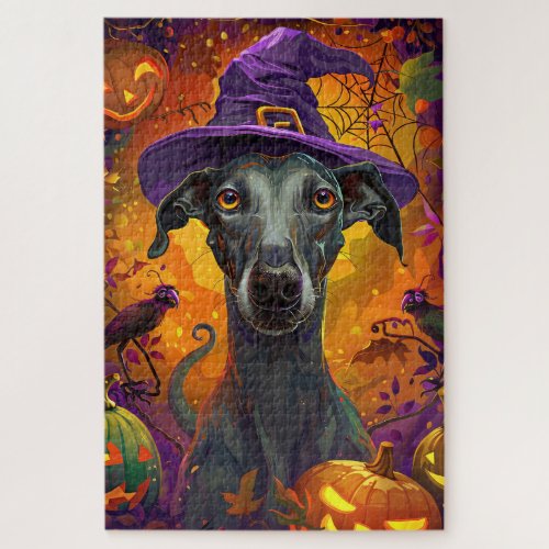 Spooky Greyhound Dog Halloween Witch And Pumpkin Jigsaw Puzzle