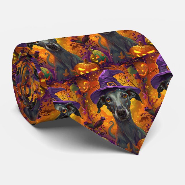 Spooky Greyhound Dog Halloween Witch And Pumpkin Neck Tie (Rolled)