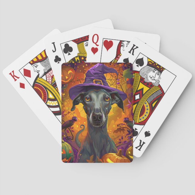 Spooky Greyhound Dog Halloween Witch And Pumpkin Poker Cards (Back)