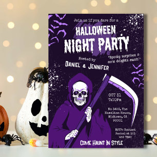 Spooky Grim Reaper bats skeleton purple Halloween Invitation