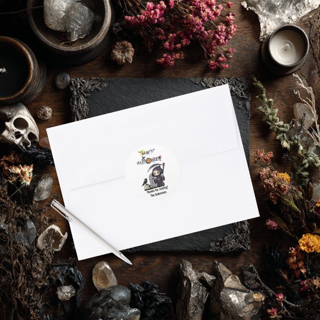 Spooky Grim Reaper Graveyard Crow Gothic Halloween Classic Round Sticker (Creator Uploaded)