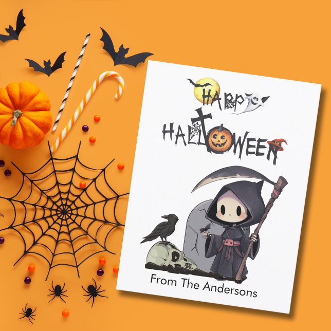 Spooky Grim Reaper Graveyard Crow Gothic Halloween Postcard (Creator Uploaded)