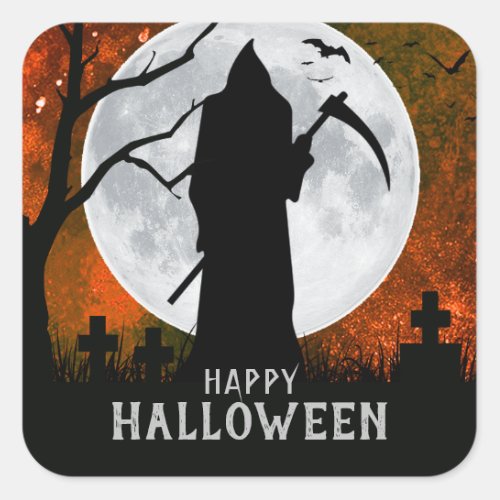 Spooky Grim Reaper Graveyard Halloween Party Square Sticker