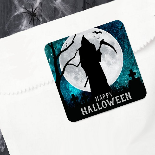 Spooky Grim Reaper Graveyard Halloween Party Square Sticker (Creator Uploaded)