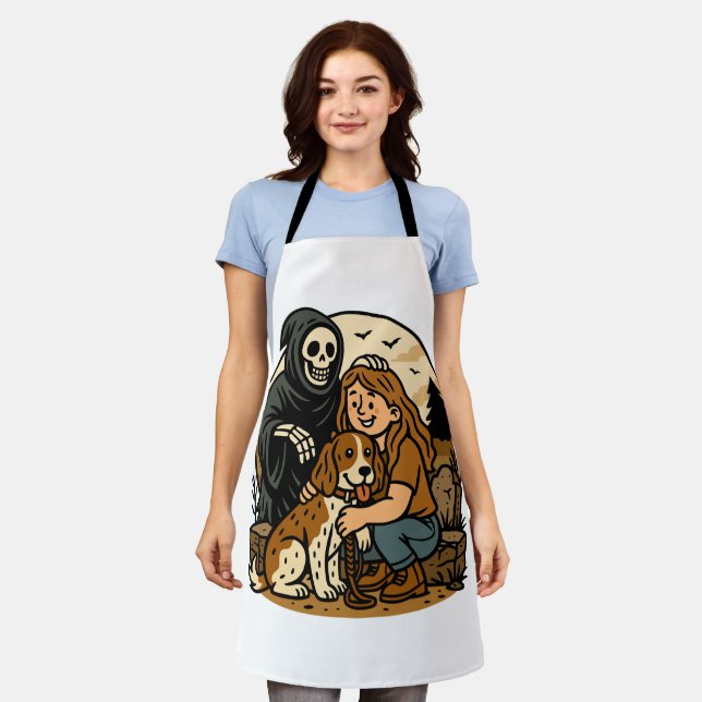 Spooky Grim Reaper with Girl and Dog Skeleton Art  Apron (Worn)