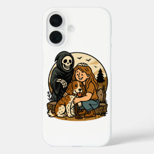 Spooky Grim Reaper with Girl and Dog Skeleton Art iPhone 16 Case