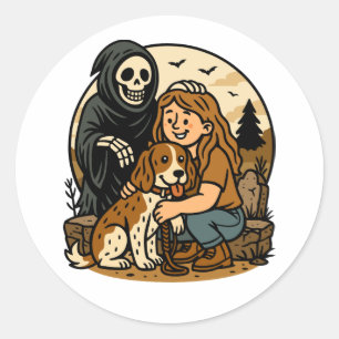 Spooky Grim Reaper with Girl and Dog Skeleton Art Classic Round Sticker