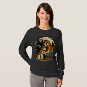 Spooky Grim Reaper with Girl and Dog Skeleton Art T-Shirt