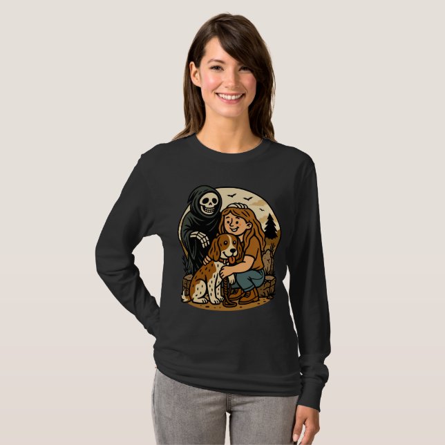 Spooky Grim Reaper with Girl and Dog Skeleton Art  T-Shirt (Front Full)