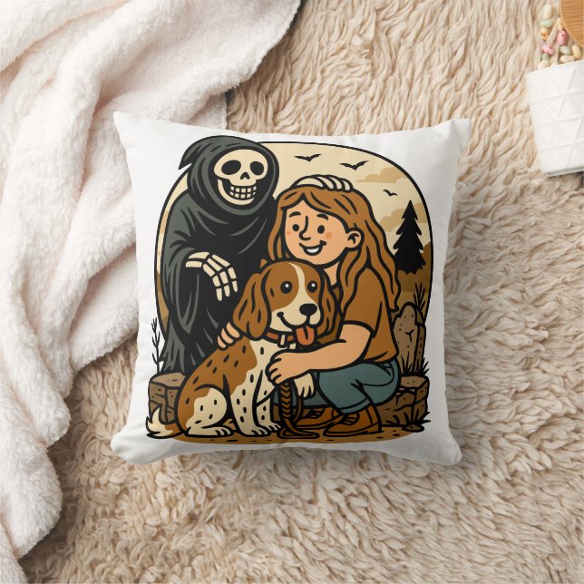 Spooky Grim Reaper with Girl and Dog Skeleton Art  Throw Pillow (Blanket)