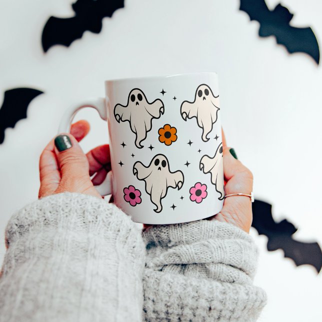 Spooky Groovy Ghosts & Flowers Halloween Coffee Mug (Creator Uploaded)