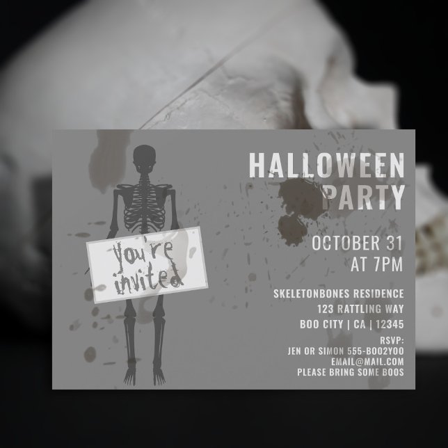 Spooky Grunge Skeleton Halloween Party Invitation (Creator Uploaded)