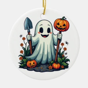 Spooky Halloween Autumn Gardening Ghost Pumpkin Ceramic Ornament