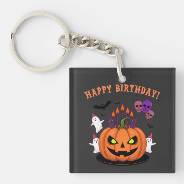 Spooky Halloween B-day Pumpkin Cake & Ghosts Keychain (Front)