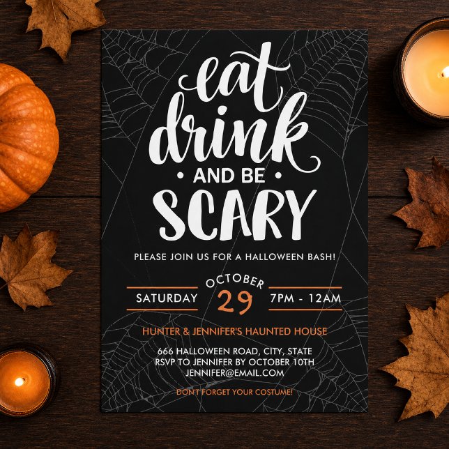 Spooky Halloween Bash Spiderweb Party Invitation (Spooky Halloween Bash Spiderweb invitation featuring dramatic white typography, and orange accents.)