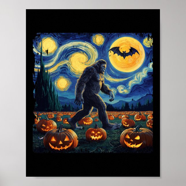 Spooky Halloween Bigfoot Starry Night Van Gogh  Poster (Front)
