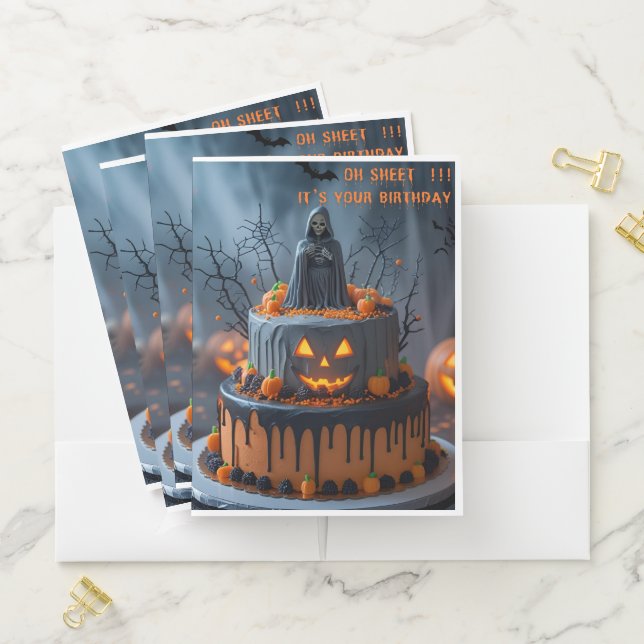Spooky Halloween Birthday Cake with Grim Reaper Pocket Folder (In Situ)