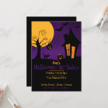 Spooky Halloween Birthday Invitation<br><div class="desc">This Halloween birthday invitation card for any one who celebrate the birthday on spooky time. This birthday invitation has spooky tree, house, moon, cat and bats on purple and black color background on the front. Plain black color on the back.. You can customize your name, birthday party time and location...</div>
