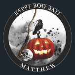 Spooky Halloween Birthday Pumpkin Crow Skull    Classic Round Sticker<br><div class="desc">These spooky Halloween stickers are perfect for a Halloween birthday party, as a party favor or as an envelope seal for Halloween birthday party invitations. These stickers for Halloween birthday feature a black splotched ink background with a fiery jack o'lantern, human skull, black crow, and a witches broom. Personalize with...</div>