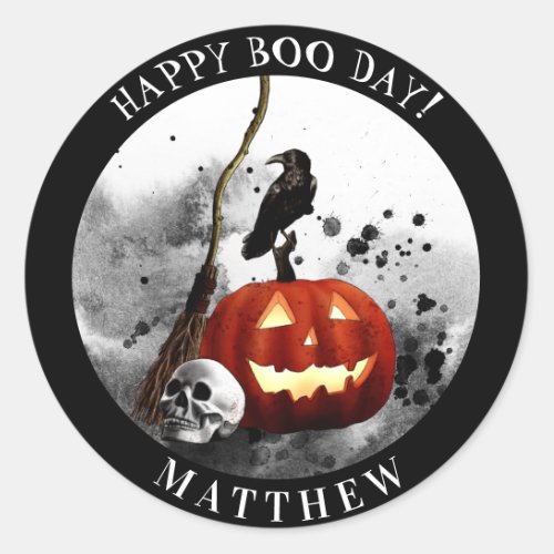 Spooky Halloween Birthday Pumpkin Crow Skull    Classic Round Sticker