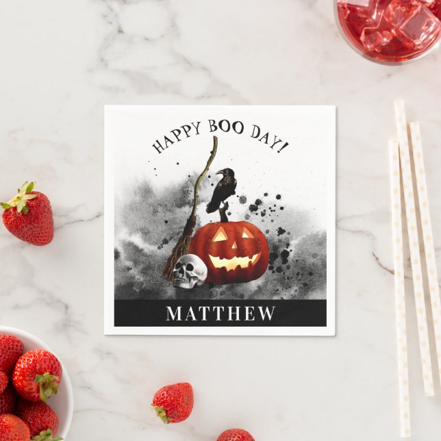 Spooky Halloween Birthday Pumpkin Crow Skull   Napkins (Insitu)