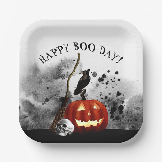 Spooky Halloween Birthday Pumpkin Crow Skull   Paper Plates (Front)