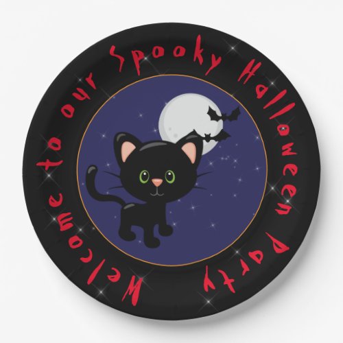 Spooky Halloween Black Cat and Full Moon Paper Plates