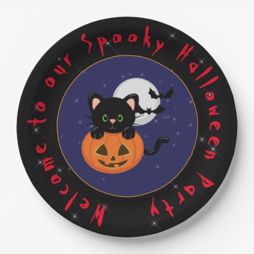 Spooky Halloween Black Cat and Pumpkin Paper Plates