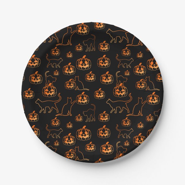 Spooky Halloween Black Cats and Pumpkin Pattern Paper Plates (Front)