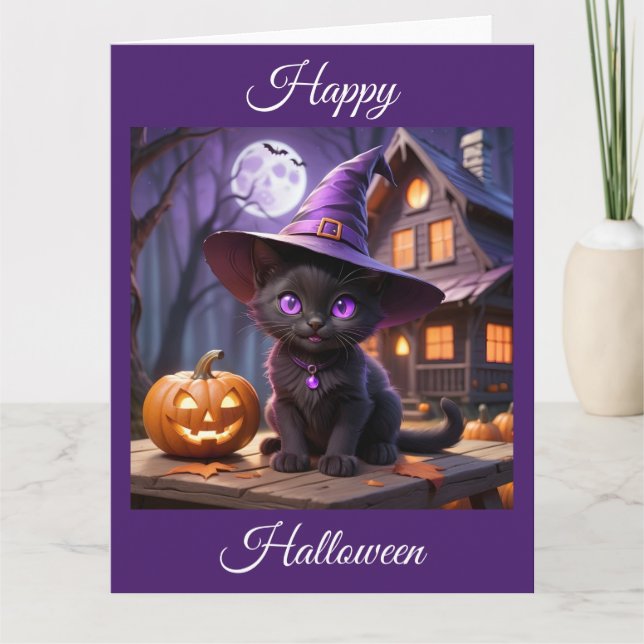 Spooky Halloween Black Kitten Card (Front)