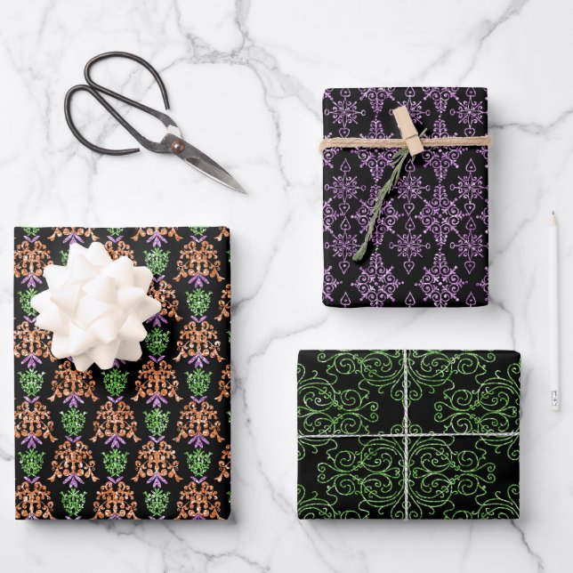 Spooky Halloween Black Orange Purple 3 Gift Wrapping Paper Sheets (Front)
