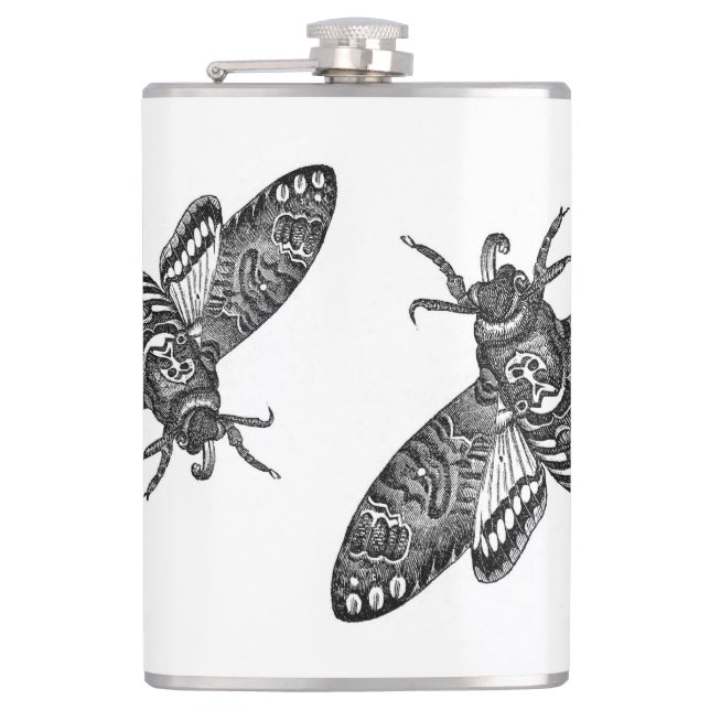 Spooky Halloween Black White Vintage Skull Moth Flask (Front)