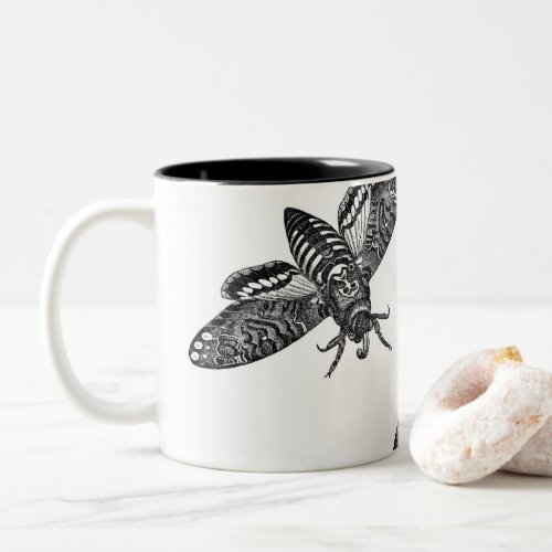 Spooky Halloween Black White Vintage Skull Moth Two_Tone Coffee Mug