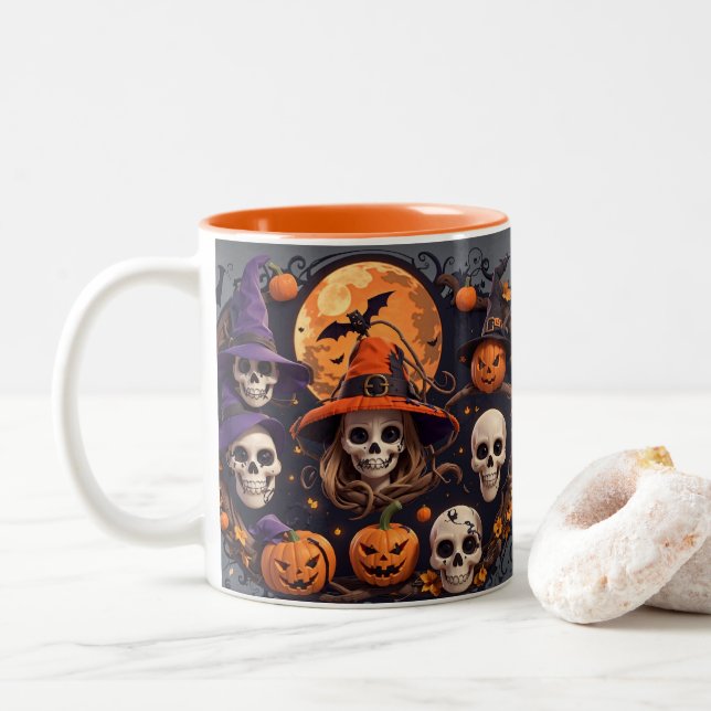 Spooky Halloween Boo Bat Pumpkin Skull Witch Spide Two-Tone Coffee Mug (With Donut)