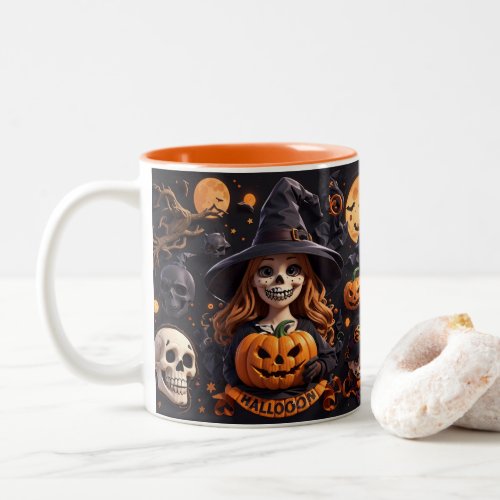 Spooky Halloween Boo Bat Pumpkin Skull Witch Spide Two_Tone Coffee Mug