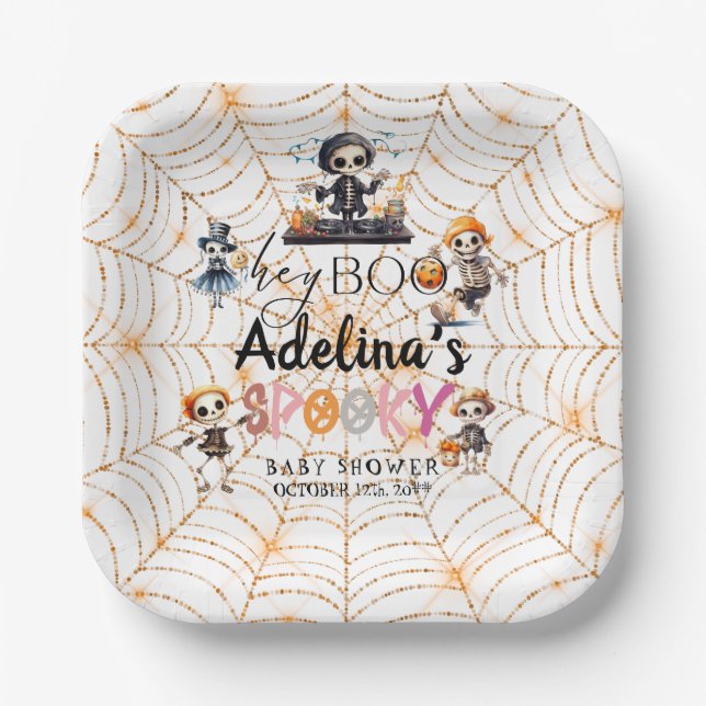Spooky Halloween Boo Skeletons Costume Baby Shower Paper Plates (Front)