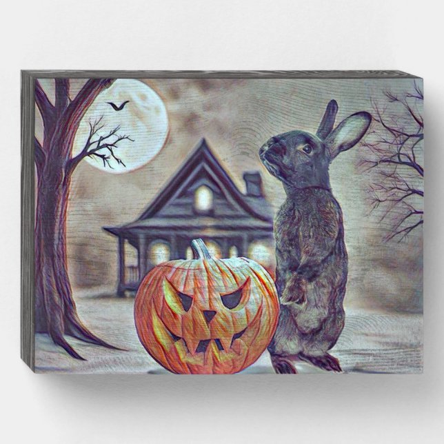 Spooky Halloween Bunny Rabbit with Pumpkin Wooden Box Sign (Front Horizontal)