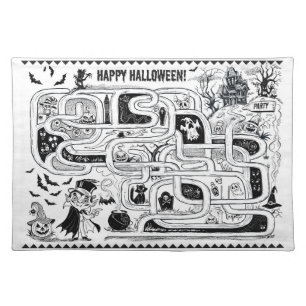 Spooky Halloween cartoony black and white maze Cloth Placemat