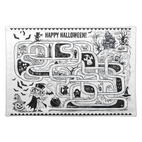 Spooky Halloween cartoony black and white maze Cloth Placemat