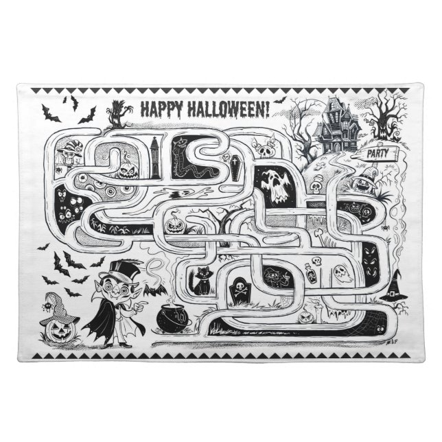 Spooky Halloween cartoony black and white maze Cloth Placemat (Front)