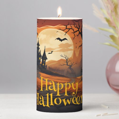 Spooky Halloween Castle Pumpkin Orange Pillar Candle