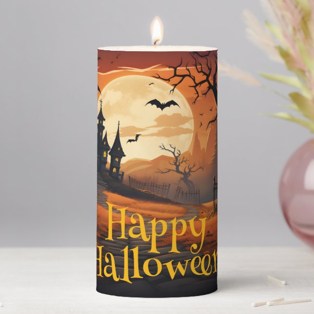 Spooky Halloween Castle Pumpkin Orange Pillar Candle (In Situ)