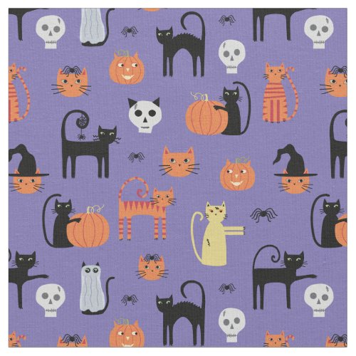 Spooky Halloween Cat Pattern Purple Fabric