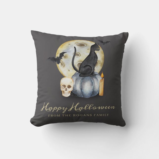 Spooky Halloween Cat Pumpkin Throw Pillow (Front)