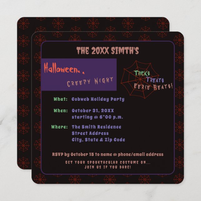 Spooky Halloween Cobweb Black Party Invitation (Front/Back)