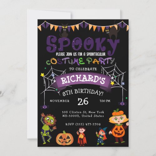 Spooky Halloween Costume Kids Black Birthday Party Invitation