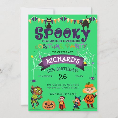 Spooky Halloween Costume Kids Green Birthday Party Invitation