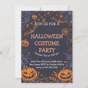 Spooky Halloween Costume Party Fun Pumpkin & Bat  Invitation