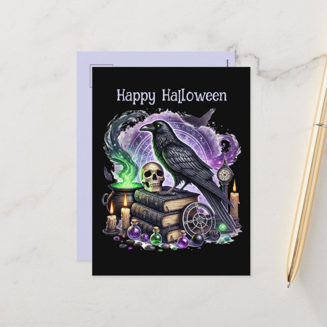 Spooky Halloween customizable crow Holiday Postcard (Front/Back In Situ)
